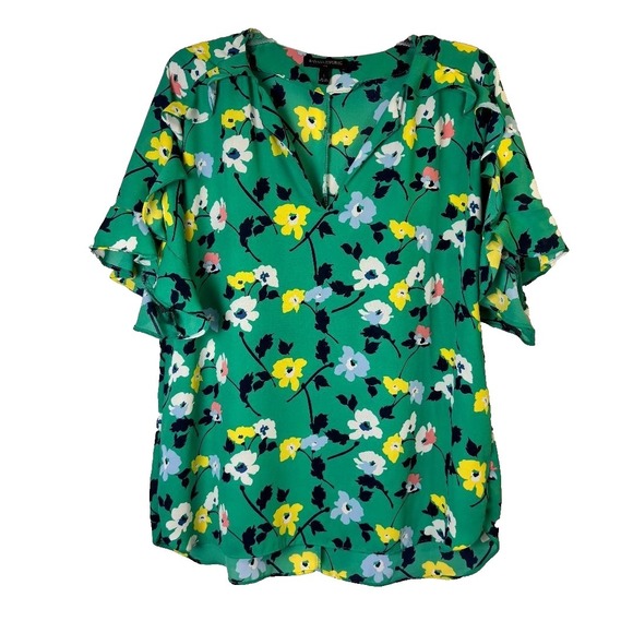 Banana Republic Tops - Banana Republic Floral Ruffle Sleeve Blouse Womens Large Green V-Neck Top